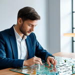 A focused professional, wearing a modest business suit, is seated at a minimalist desk in a modern, well-lit study. The person's expression conveys deep concentration turning into sudden, profound understanding. Surrounding them are abstract, translucent holographic puzzle pieces that are visibly reconfiguring and clicking into place, symbolizing a complex mental restructuring of information and a 'worldview shaken'. The background is clean and uncluttered. Perfect anatomy, correct proportions, natural pose, well-formed hands, proper finger count, natural body proportions, professional dress, safe for work, appropriate content, fully clothed, professional.