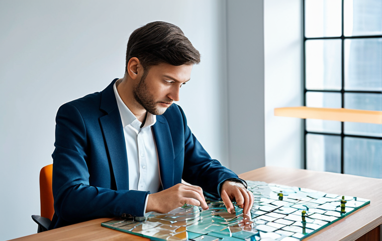A focused professional, wearing a modest business suit, is seated at a minimalist desk in a modern, well-lit study. The person's expression conveys deep concentration turning into sudden, profound understanding. Surrounding them are abstract, translucent holographic puzzle pieces that are visibly reconfiguring and clicking into place, symbolizing a complex mental restructuring of information and a 'worldview shaken'. The background is clean and uncluttered. Perfect anatomy, correct proportions, natural pose, well-formed hands, proper finger count, natural body proportions, professional dress, safe for work, appropriate content, fully clothed, professional.